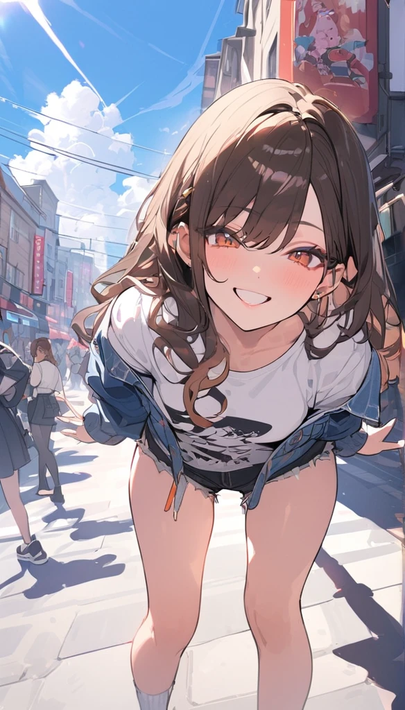 (masterpiece:1.5), highest quality, Super detailed, very detailed, exquisite, 16k, Full HD, very aesthetic, absurdres, anime style, 1girl, high school girl, beautiful, female, super sexy girl, 18 years old, shoulder-length brown hair, brown hair, joyful smile, trendy casual fashion, denim jacket, white T-shirt, shorts, sneakers, taking, busy street with cafes and boutiques, sunny afternoon, bright sunlight on girl's face, soft shadows, people and bicycles in the background, blue sky and tall buildings in the distance, sharp focus on subject, vivid colors, cheerful and lively atmosphere, warm sunlight feel, in brazil 
