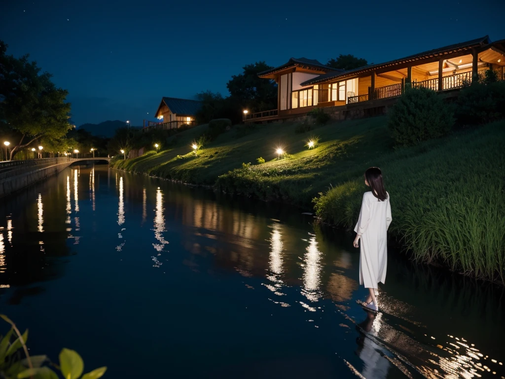 A beautiful girl，night，Stroll along the creek，solitary，