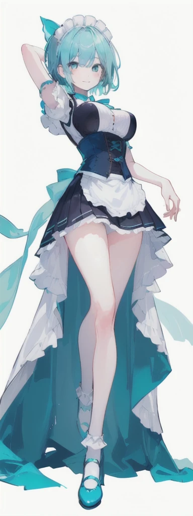 (short hair) cyan eyes, (Eyes behind long bangs) big breasts, using accessories (using socks) perfect shiny beautiful cyan shoes (Wearing luxurious palace maid clothes Perfect perfect noble) Pose facing sideways (Girl1, straight hair not too long, bangs covering one eye, soft face, gentle smile) ((Standing position with long legs, bare thighs, image position visible from bottom of feet to top of head) SHORT blue hair, beautiful cyan eyes (Free pose, right hand down, left hand down, ((Free pose))smile kawai, (blank white background) Wearing a blue corset, (Using a beautiful bright blue ribbon) Kawai shy cute eyes (cyan colored shoes must be shiny, Must wear short white socks) ((short skirt)) short sleeves (image according to tag)