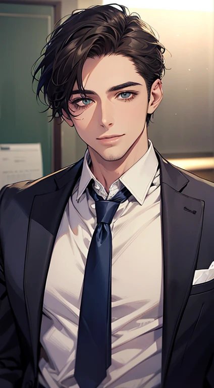 (Highest quality,4K,8K,High resolution,masterpiece:1.2),Super detailed,(Realistic,photoRealistic,photo-Realistic:1.37),1 person,34 years old,Mature Men,Beautiful skin、very handsome,Expressionless smile in love,Short dark blue hair,green eyes,Sharp Eyes,A perfect face without a doubt,Businessman,Office Background,Cinema Lighting,HDR image,tie、