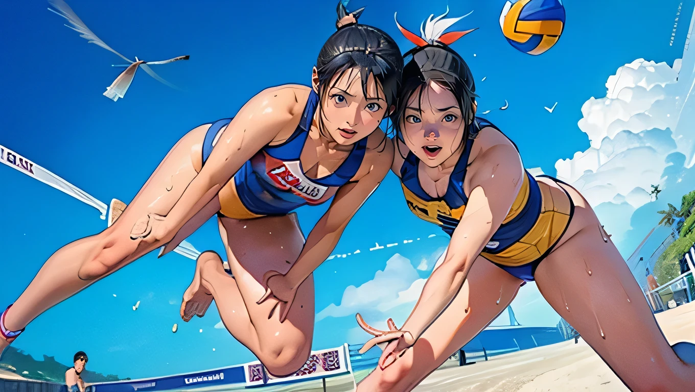 (1 screen), (Cinematic view), (Dynamic Angle), (Highest quality,4K,8K,High resolution,masterpiece:1.2),Super detailed,(Realistic,photo:1.37), (perfect anatomy), (Perfect ratio of fingers to thumb), (Symmetrical face), (((Please draw two beautiful girls in bikinis enjoying beach volleyball.:1.5))), (((A very wide, blue summer sky,The blazing sun,White cloud))), (((jump))), (((Junmin))), (((Bodies in Motion:1.2))), (((Sweat flying:1.6))), (((A lot of spectators))), (8 heads,Slim figure), (Black hair straight,ponytail), (Oh yeah! Face), (Beautiful slim neck), (Beautiful clavicle), (Firm, round and beautiful large breasts), (Beautiful valley), (Beautiful and flat abdomen), (Beautiful and toned waist), (Beautiful bouncy big ass), (Beautiful slim thighs), (Beautiful and firm calves), (Beautiful slim ankles), (Beautiful hands and feet),