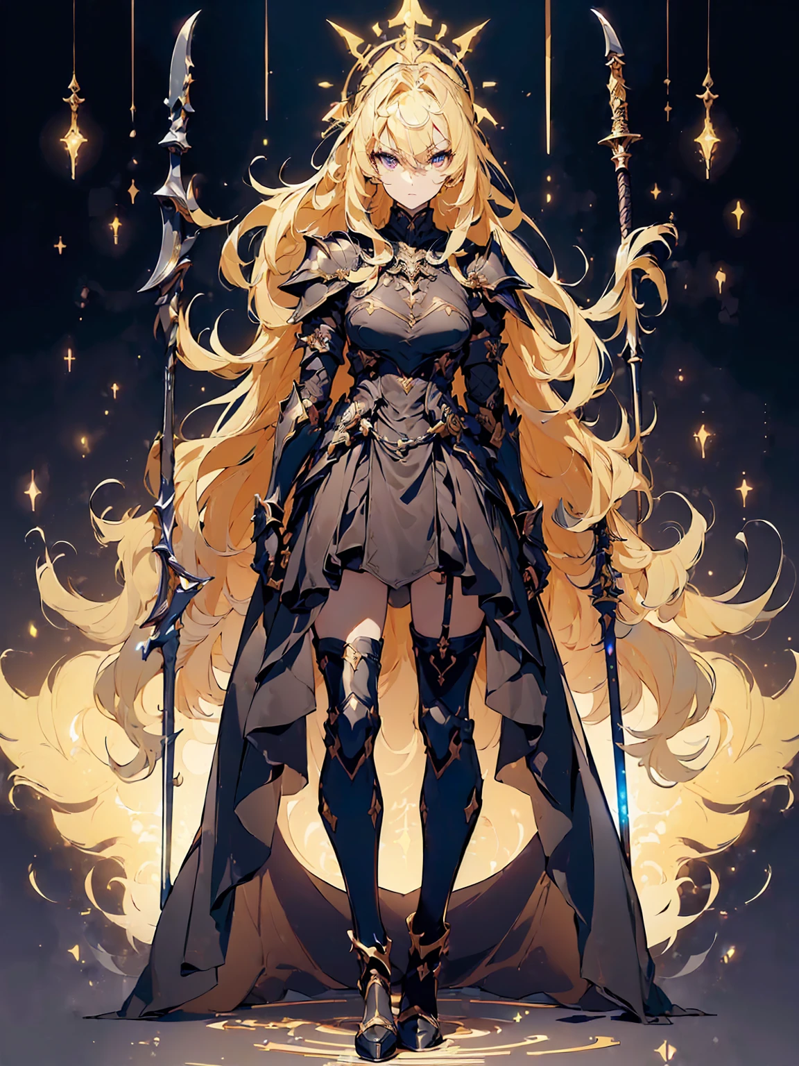 (((masterpiece, best quality, 8k))) Design a layout showcase Gaming character, (1girl),((perfect face, high detailed face)). Golden+Purle clothes, stylish and unique, ((showcase weapon:1.4)), magic staff, (masterpiece:1.2), (best quality), 4k, ultra-detailed, (Step by step design, layout art:1.5), (luminous lighting, atmospheric lighting), magican, ((glove full hands)), (((revealing clothes:1.3))), vambraces, armored legwear, (((full_body_shot:1.4)))