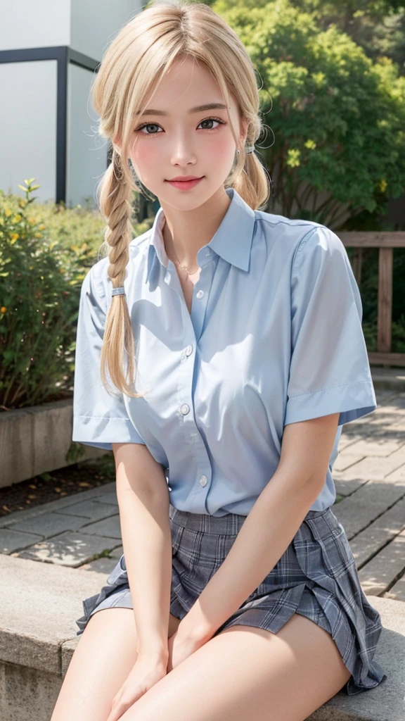 (masterpiece:1.3, highest quality, Ultra-high resolution, Super detailed), (Realistic:1.1, photoRealistic:1.4), Beautiful illustrations, Perfect lighting, colorful, Depth of written boundary, Beautiful detailed hair, Beautifully detailed face, Beautiful fine details, Beautiful clavicle, Beautiful body, Beautiful breasts, Beautiful thighs, Beautiful feet, Beautiful fingers, View your viewers, 1 girl, Japanese, high school girl, Perfect Face, (Perfect Anatomy, Anatomically correct), Cute and symmetrical face, Baby Face, Sunburn, Shiny skin, (Middle Hair:1.5, Twin tails:1.2, Blonde), Asymmetrical bangs, blue eyes, Long Eyelashes, (Medium chest), thin, ((Collared short-sleeved shirt, Light blue shirt, , Grey plaid pleated skirt, Navy them)), No panties, (Beautiful views), evening, (Outdoor, distant cityscape), Are standing, (peace sign), (Cute smile, Cheek blush、Upward glance, Open your mouth), (Opening a girl's pussy:1.3), Occasionally crouches:1.2,Stick your finger in pussy:1.5,((A large amount of pee is sprayed from the vagina)),((Very small, young face and chest)),(Cleavage:1),(very small and flat chest:1.5),