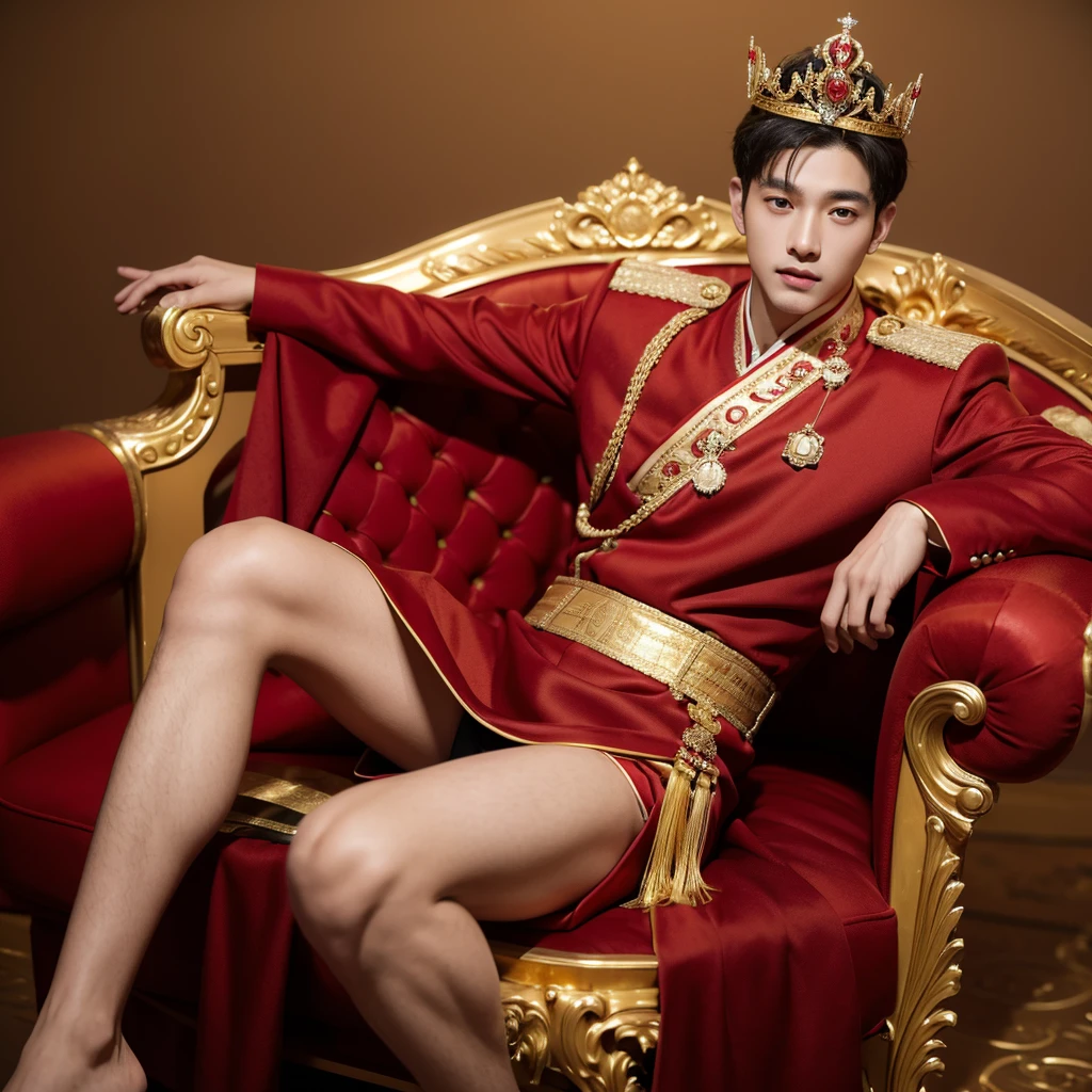 a young man ai wearing red and gold combination, handsome, wearing gold crown and accessoris, sitting a gold chair background, looking fear, perfect body abs