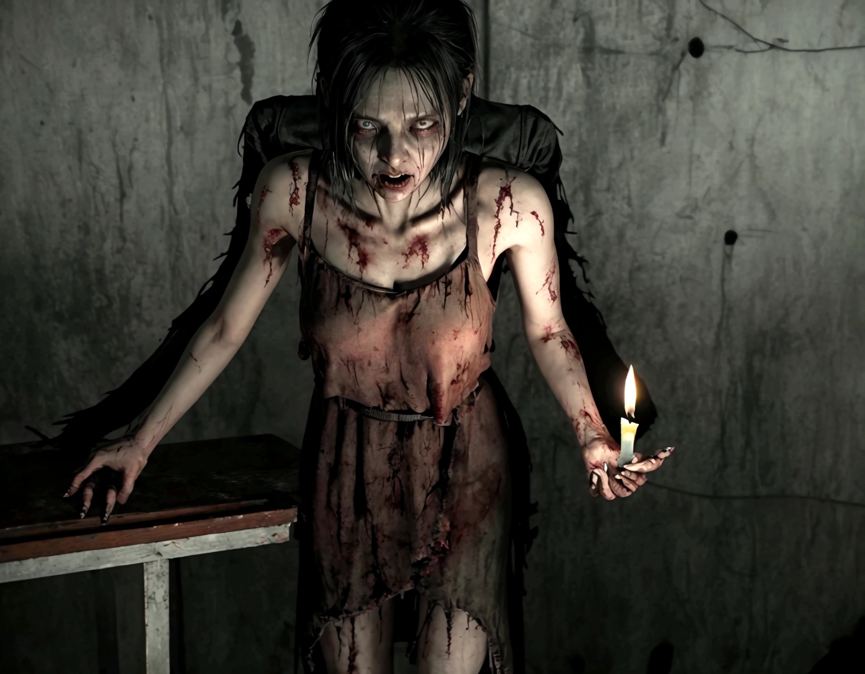 there is a woman with a candle in her hand standing in a room, horror game graphics, horror video game, zombie in horror concept art, playstation 2 horror game, [ horror game ], horror game, indie video game horror, horror concept art, supermodel in silent hill, still from animated horror movie, insanity girl summon her death, photorealistic horror, silent hill game