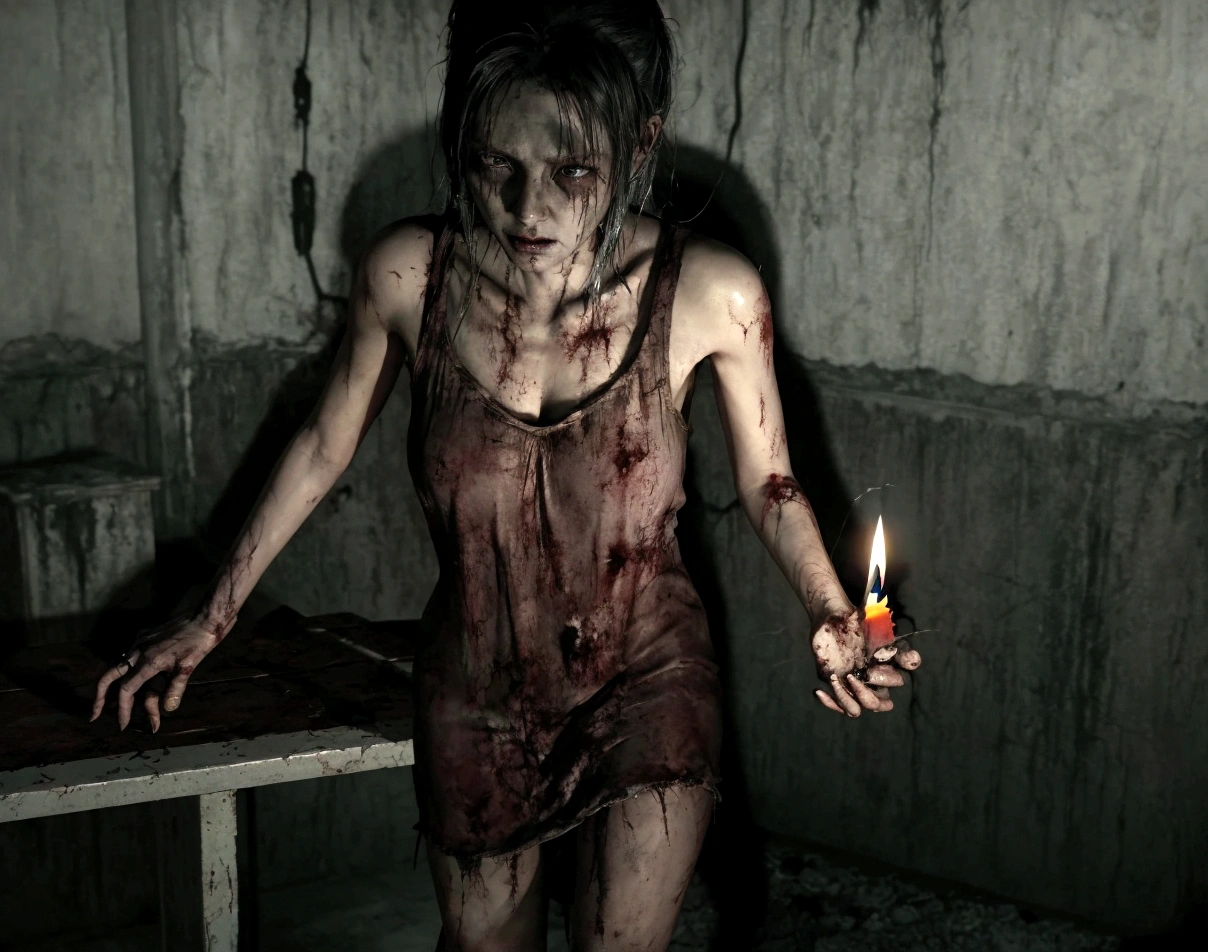 there is a woman with a candle in her hand standing in a room, horror game graphics, horror video game, zombie in horror concept art, playstation 2 horror game, [ horror game ], horror game, indie video game horror, horror concept art, supermodel in silent hill, still from animated horror movie, insanity girl summon her death, photorealistic horror, silent hill game
