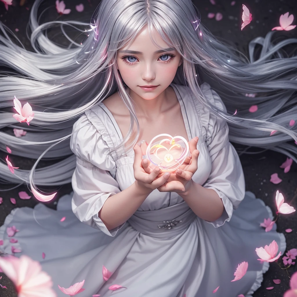 1 girl, scenery, vibrant colors, sharp focus, best quality, depth of field, cinematic lighting, flying petals in the wind,
(silver eyes), silver hair, extremely long hair, slight blush, slight smile,
(glowing:1.5), maid, glow hair, from above, hands together, close up