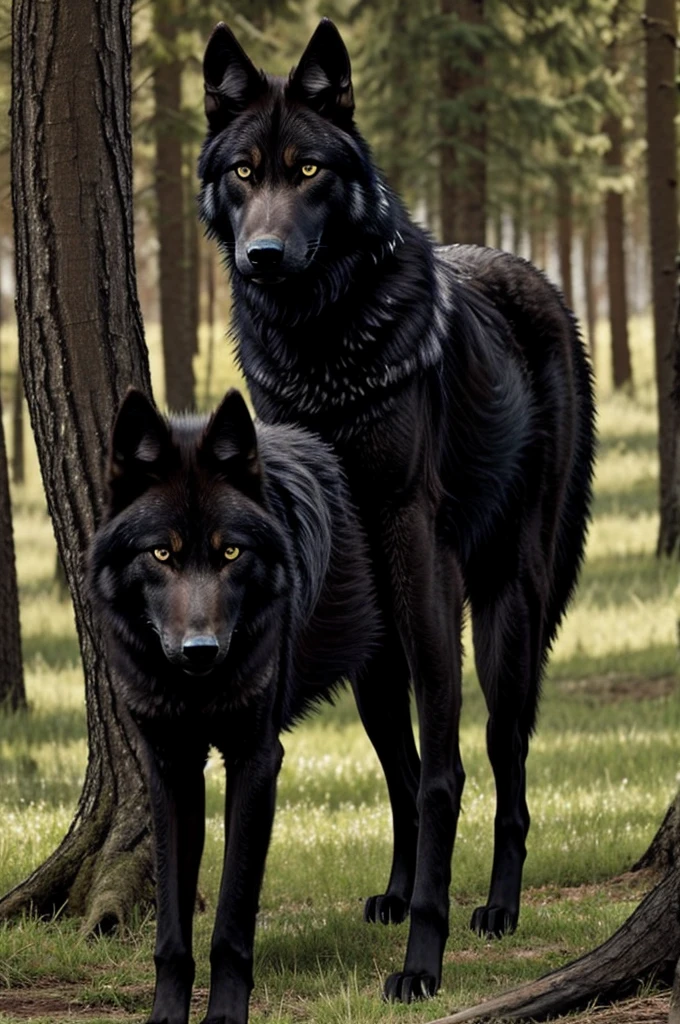 An epic realistic black wolf looking at a tree