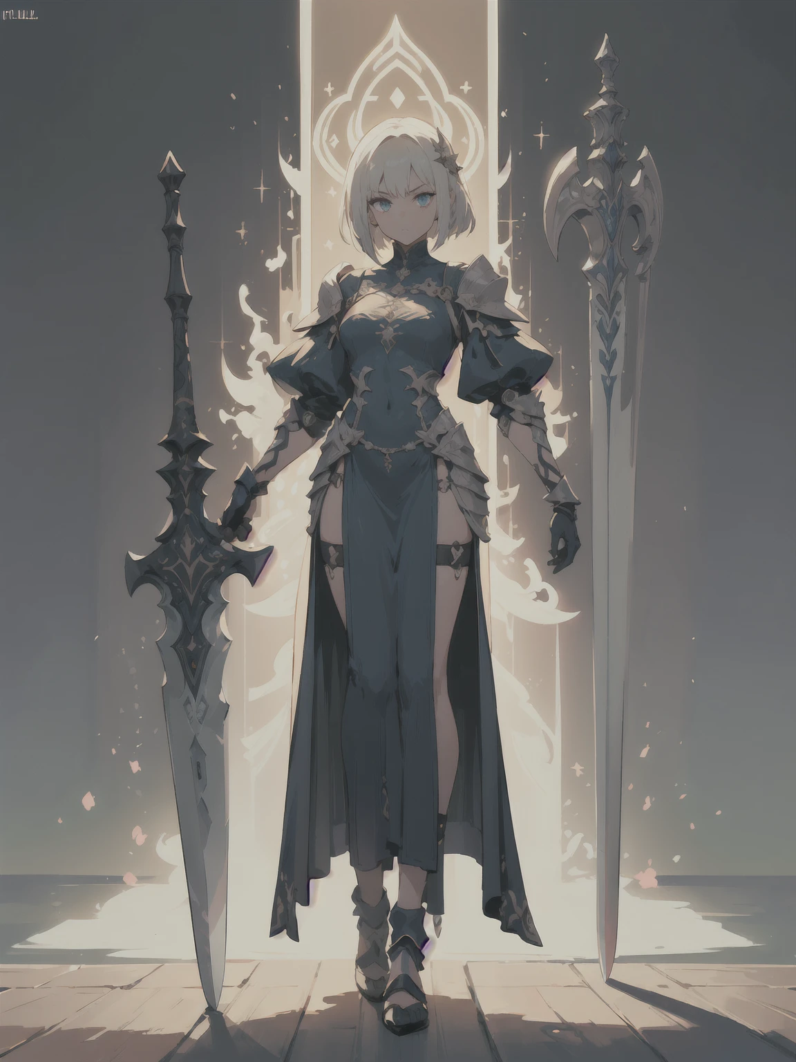 Design a layout showcase Gaming character, (1girl). Golden+Purle clothes, stylish and unique, ((showcase weapon:1.4)), magic staff, (masterpiece:1.2), (best quality), 4k, ultra-detailed, (Step by step design, layout art:1.5), (luminous lighting, atmospheric lighting), magican, ((glove full hands)), (((revealing clothes:1.3))), vambraces, armored legwear, (((full_body_shot:1.4)))