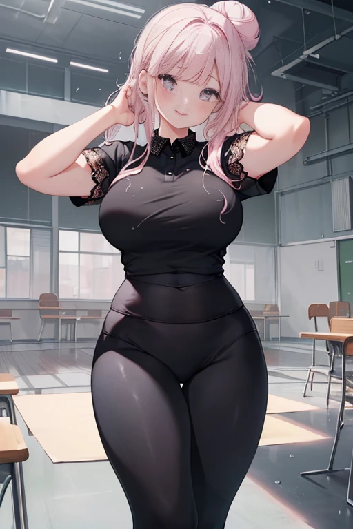 masterpiece、1 female student、(((Missing arm,Bare arms,black short sleeves)))White cloth bun、Shoulder leakage、chubby、Smile、(((Lace、black yoga pants)))pale pink lips、posing at school,(Soaked),legs are open, 独奏, White Polo Shirt, looking at the audience, (Thick thighs:1.0),It's raining,Red eyes, Blushed,blunt hair,flower headdress,lawn,hands on hips,creek,black hair,Smile with teeth showing,short hair,garden,(((Side breast leakage,Side chest leakage,Bare arms,Bare arms,Arm leakage))),(((Bare side chest,Overflowing chest))),stand at attention,Legs open