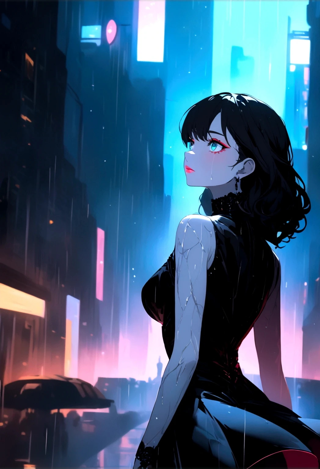 Anime girl in a black dress standing in the rain, Cyberpunk Anime Girl, Anime Style 4k, anime cyberpunk art, Anime Art Wallpapers 8K, female Cyberpunk Anime Girl, anime art wallpaper 4k, anime art wallpaper 4k, Cyberpunk anime art, digital Cyberpunk anime art, 4k anime wallpaper, Modern cyberpunk anime, anime wallpaper 4k, anime wallpaper 4k