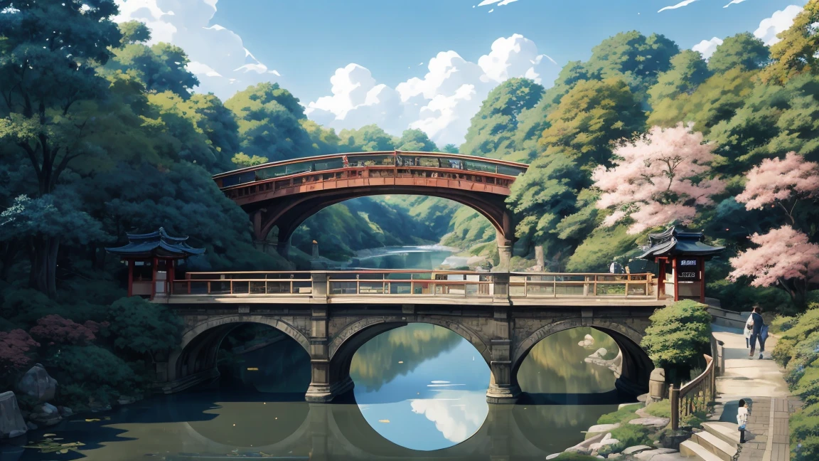 (masterpiece, Highest quality, Realistic), People on a bridge over a river々Anime scene with a standing, Japanese cities, Japanese art style, Beautiful anime scene, makoto shinkai, Cyril Rolland, Concept Art, Natural light, Artistic, Vibrant, chic, Anime Art Wallpaper