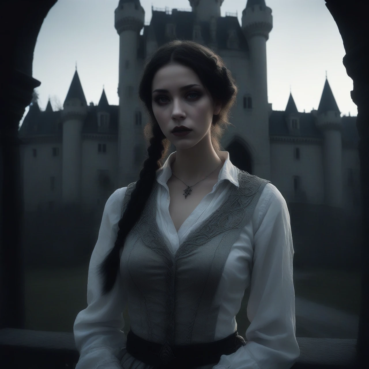 photo the (ohwx woman) like Wednesday Adamas, wearing gothic clothes, braided pigtails, In a castle, sharp focus, looking to the camera, make up, cinematic look, Highly detailed 8k unified CG wallpaper, beautiful and generous 23 year old girl, delicate clavicle, sexy and charming pose, white shirt excellent texture, light blue sky gray pants, high detail, dramatic, midway art, Cushioned figure, Disturbing image, mysterious creepy portrait, Bill Henson, dark schizophrenia portrait, ghostly figure, figure in the dark, Bastien Lecouffe - Deharme, Eugene&#39;s career,a beautiful italian woman, ((Marilyn Monroe:Michelle Pfeiffer:0.5)), (peasant bodice), (medium breasts), (perfect body), carmine painted lips,