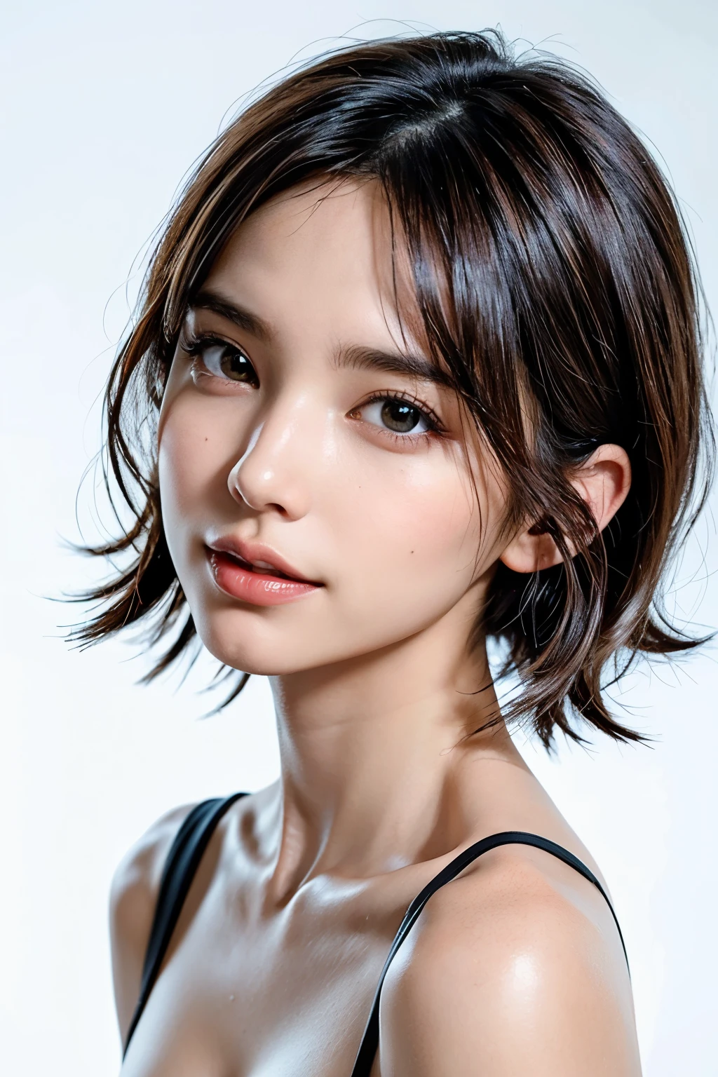 ((masterpiece, Highest quality, High resolution)), One Girl, (Realistic: 1.4), alone, White Background, snow-White Background, ((From above, A little above, look up at the viewer, look up, look up at the camera, Looking into the camera)), Mouth closed, Smile, Smile, Smile, Beautiful black hair, short hair, Big eyes, Transparent double eyelids, eyelash, Listen carefully, Long neck, Long neck, Absolute area, (Draw the whole head, shoulder), 19 years old, Attractive proportions, Shiny skin, Beautiful collarbone, Golden ratio face, Perfect Face, Tearful mole, Mole on chest, bangs, clean bangs, Lip gloss, Thin lips, Fair skin, naked, Big Breasts, Small face, Small face, Draw the whole head, draw all shoulder,Perfect Anatomy