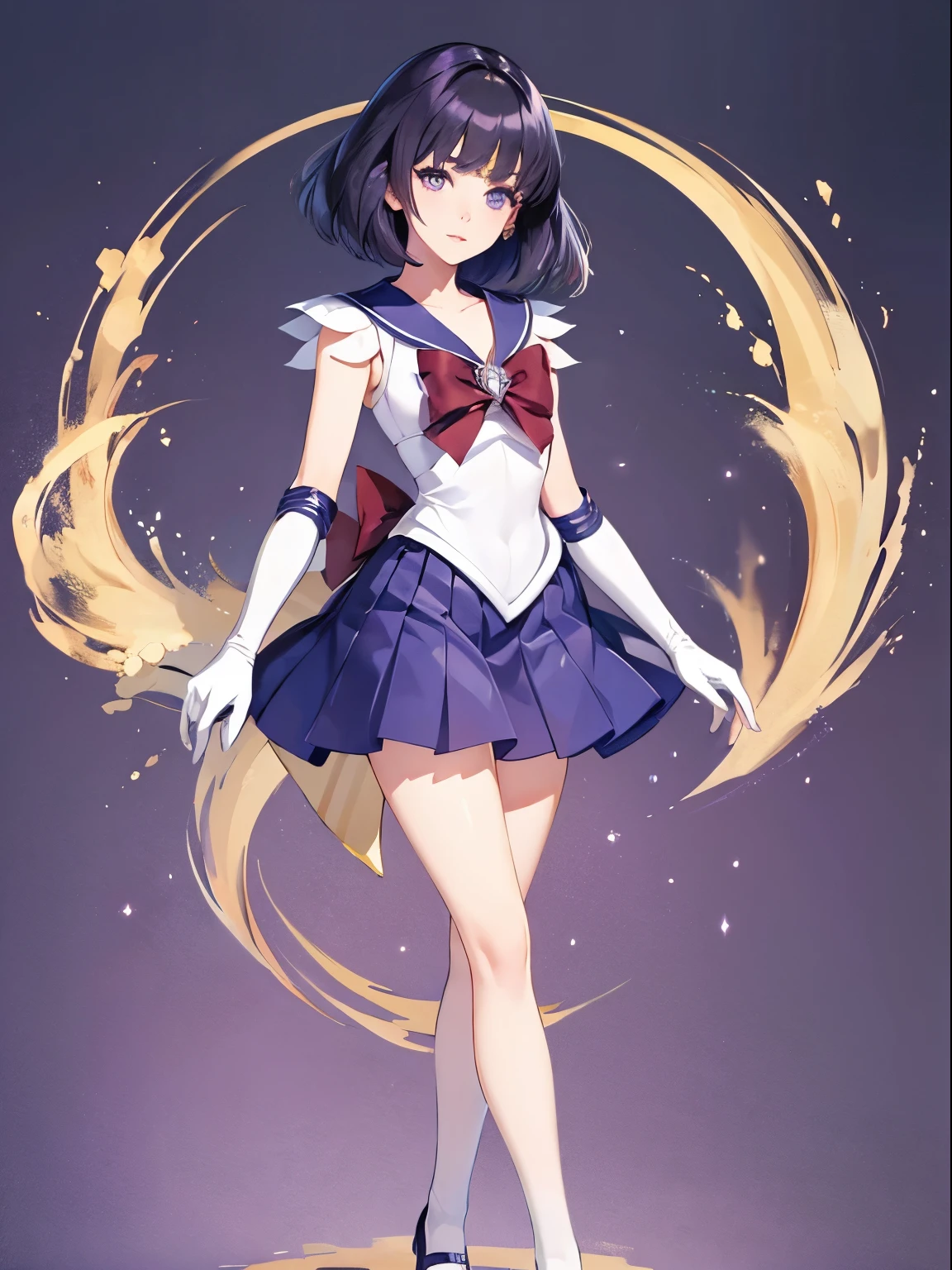 Sailor Saturn, 1 girl, black hair, short hair, purple eyes, detailed eyes, simple background, female focus, alone, Standing, Hotaru Tomoe, portrait, full body, (Masterpiece:1.0), (best quality:1.0) , (8k wallpaper:1.0), (detailed beautiful face:1.0), (detailed deep eyes), deep eyes, looking at viewer, Sailor Scout, lilac bow on chest, lilac skirt, white gloves, legs spread in shape of M,