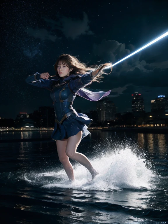 8K, Highest quality, masterpiece, Realistic, Super detailed,  photograph, High resolution, High resolution, Cinematic Light, Official Art, High resolution, Written boundary depth,(Emits laser light), girl１name、20-year-old, Medium Long Hair,全身photographを撮る、Action pose,universe,Cloudy、universe船、Starlight、thunder、universe戦艦