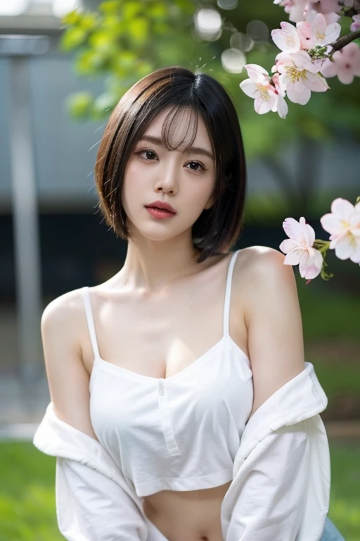 (Cherry blossoms in full bloom:1.7),(Cherry blossom petals dancing in the wind:1.3),(wood々Sunlight shining through:1.3),One Girl,Blushing cheeks,Looking at the audience,Big Breasts,(Oversized see-through tank top:1.7).A see-through tank top that accentuates your bust,Open see-through tank top,Wet Face,Wet Skin,Wet body,Wet costume,Wet Hair,Flower Hair Ornaments,necklace,Looking up from under the earrings,Written boundary depth,Pointy red mouth,(Reddish brown wet shiny short hair),Red Mouth,clavicle,Beautiful fingers,Hourglass-shaped body,Full body portrait,cute ,Wet Face,Digital Illustration,Single-lens reflex camera,Sharp contrast of light and shadow ,(Photorealistic:1.3),(RAW Photos.), (Tabletop,Highest quality,Ultra-high resolution output images,) (8K quality,),(Picture Mode Ultra HD,),