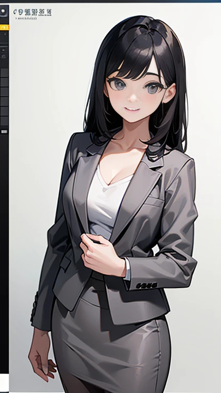 (8K、Best image quality、Highest quality、masterpiece)、Detailed face、 Girl、Attractive office lady,Mature Woman,28 years old,Black Hair、Long Hair、Diagonal bangs、smile、Medium chest、((Grey suit jacket:1.2))、(White T-shirt))、Cleavage、((Grey pencil skirt:1.2))、Cowboy Shot、office、