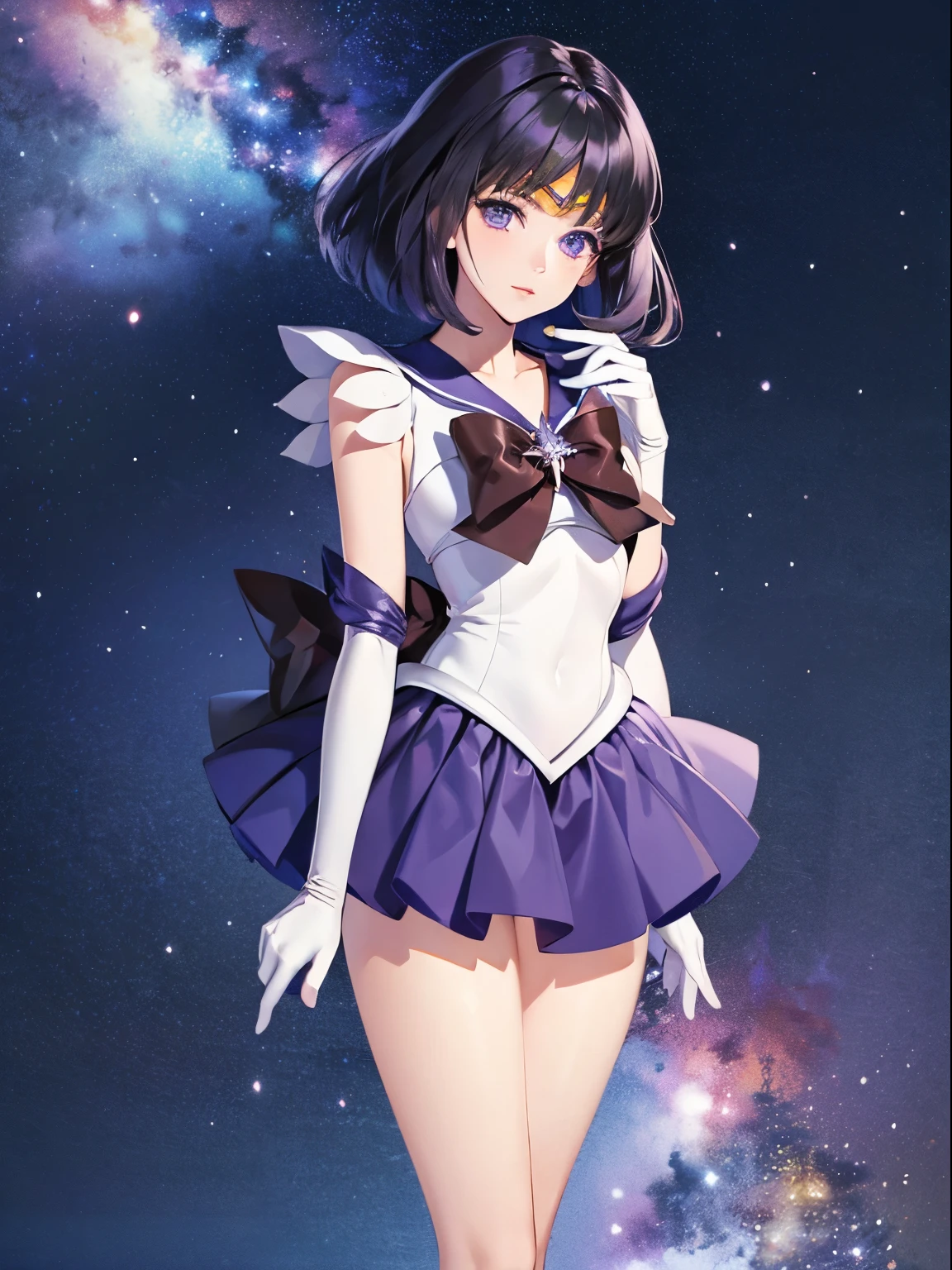Sailor Saturn, 1 girl, black hair, short hair, purple eyes, detailed eyes, simple background, female focus, alone, Standing, Hotaru Tomoe, portrait, full body, (Masterpiece:1.0), (best quality:1.0) , (8k wallpaper:1.0), (detailed beautiful face:1.0), (detailed deep eyes), deep eyes, looking at viewer, Sailor Scout, lilac bow on chest, lilac skirt, white gloves, legs spread in shape of M,