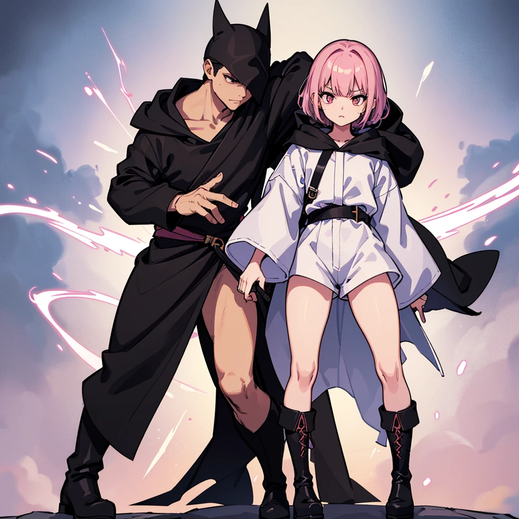 (Full body character concept、detailed character design)、((((behindから、behind姿、behind))))、(((Wearing a black hood)))、Best illustrations、Best Quality、(23 years old)、(The same face:1.1),Medieval Fantasy、Magic wand,(White Background)、(Pink Hair、Very Short Hair、Align your bangs)、(((Long sleeve、Black Robe、pants、Knee-high boots)))、Get Ready、Fighting stance、(get annoyed、anxiety、fear)