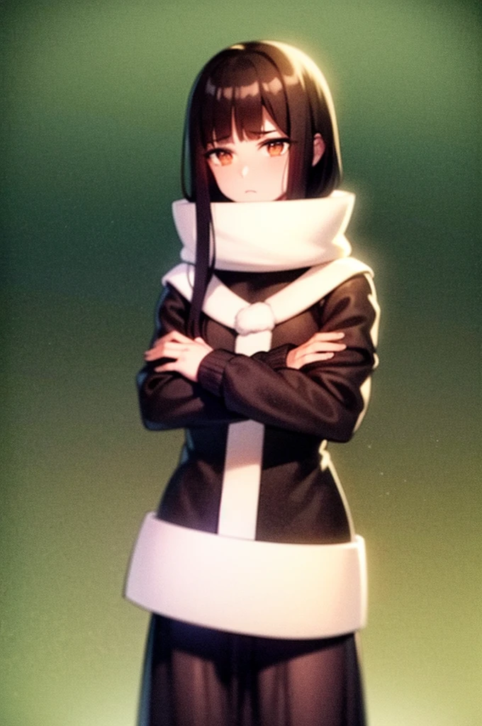 a girl with brown skin, with long dark brown hair, may you have tired eyes, cold and dull, with dark circles. who has a scar on his right eye, have a serious expression (emotionless) and wear a black long-sleeved turtleneck shirt. And that she is standing with her arms crossed.