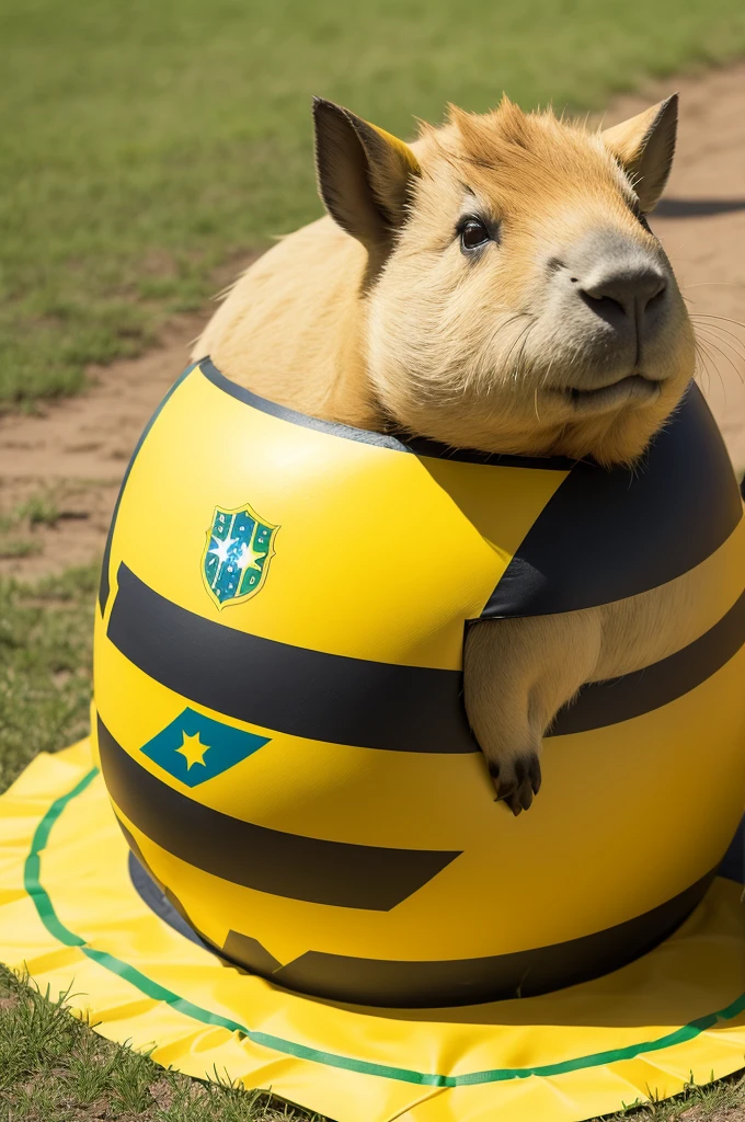 Create a shield for a Brazilian team, yellow and gray, With a capybara,with yellow, shield-shaped stripes and called golden capybaras