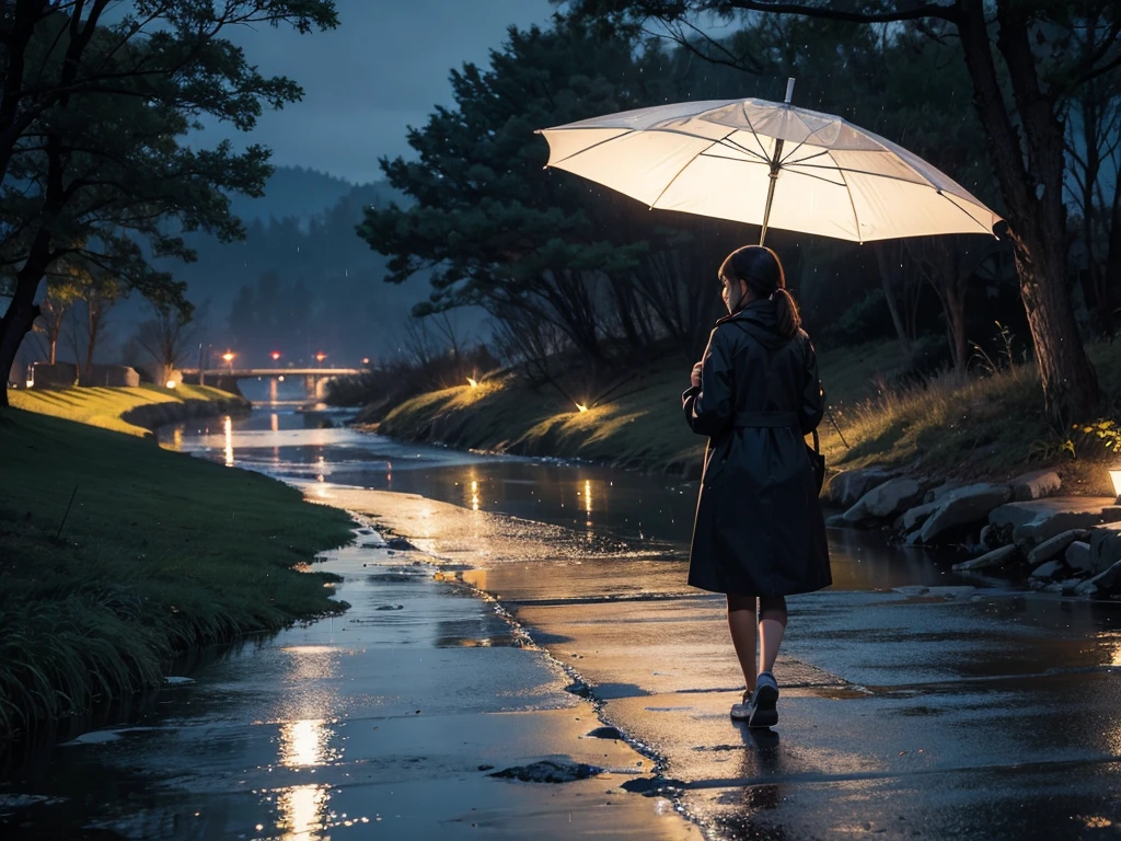 A girl，night，Walk by the creek，Solitary，light rain