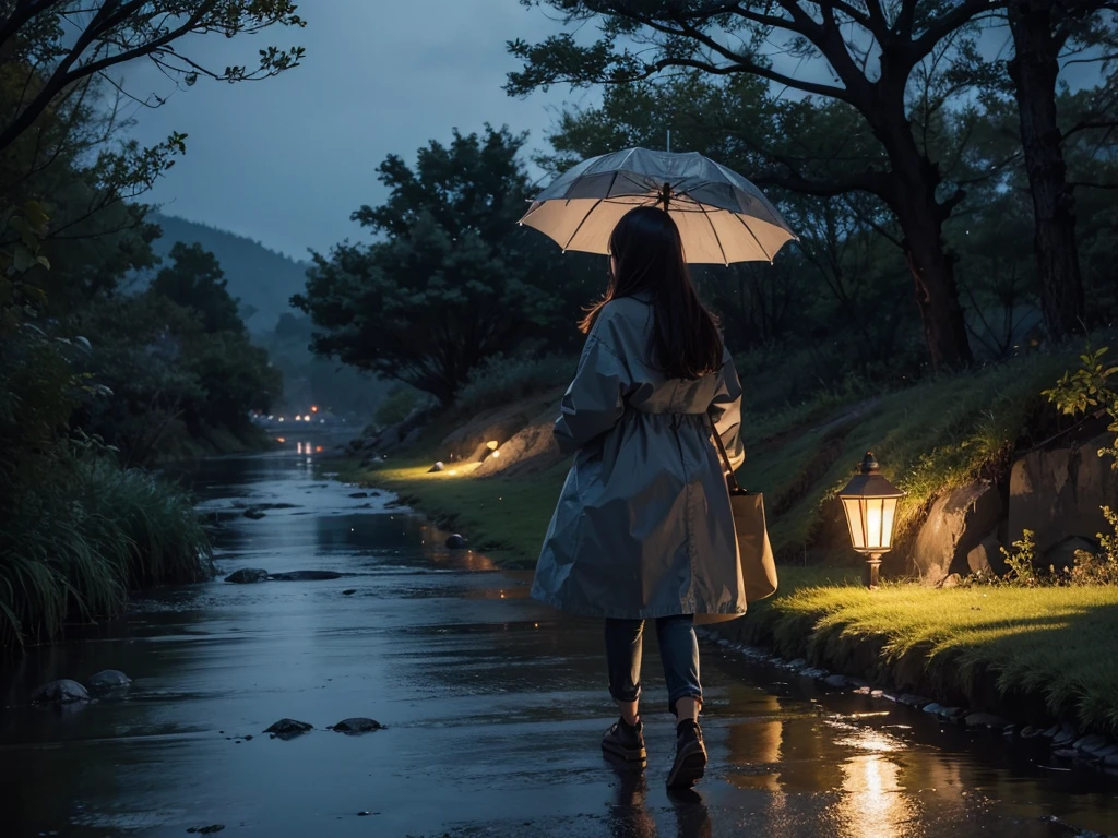 A girl,night,Walk by the creek,Solitary,light rain