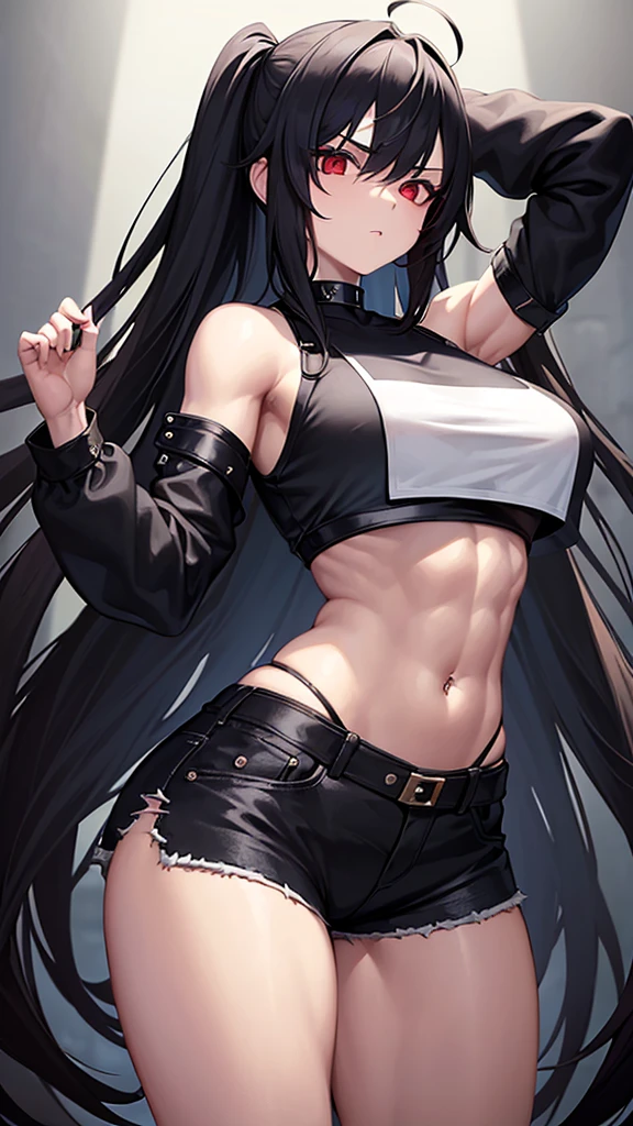 1 girl, muscular, black hair, red eyes, pale skin, solo, shoulder length hair, curvy, wide hips, thick thighs, very huge breasts, (black choker, black crop top and black jean booty shorts), sultry, navel piercing, midriff six pack abs
