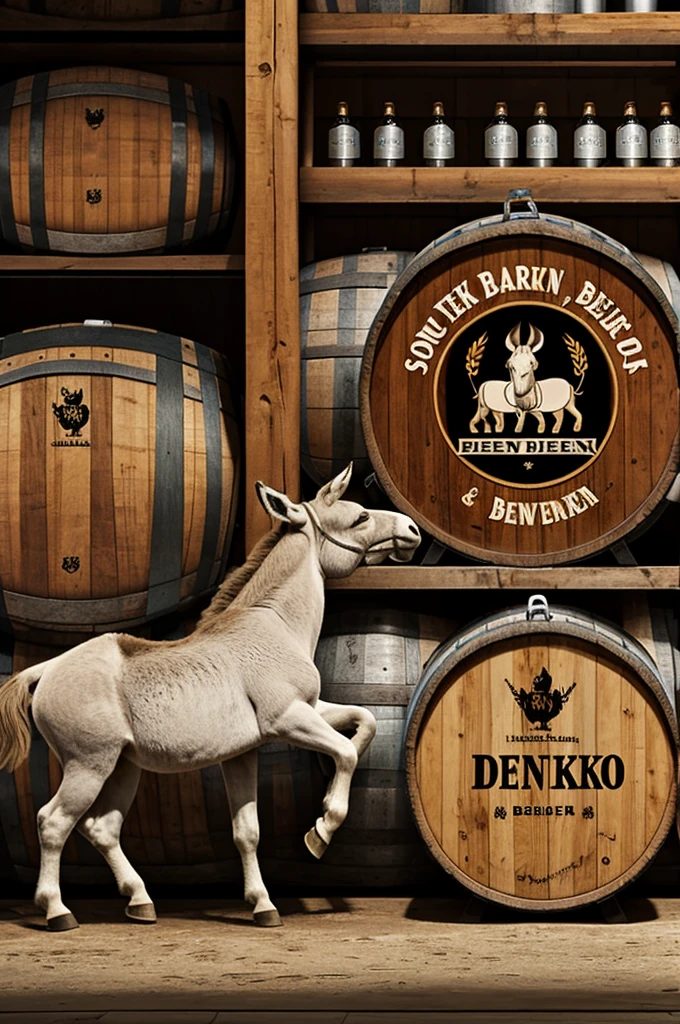 Logo that includes drunk donkey, beer and a barrel