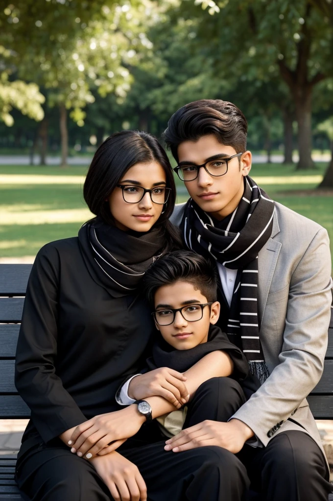 `generate image: A 19-year-old boy with stylish rectangular glasses lies on a park bench, resting his head on the lap of a beautiful 19-year-old girl. He wears a black pent shirt, while she wears a black Punjabi suit with a ban (scarf). Both have stylish hairdos. The scenery is set in a serene park with lush greenery and vibrant flowers.`