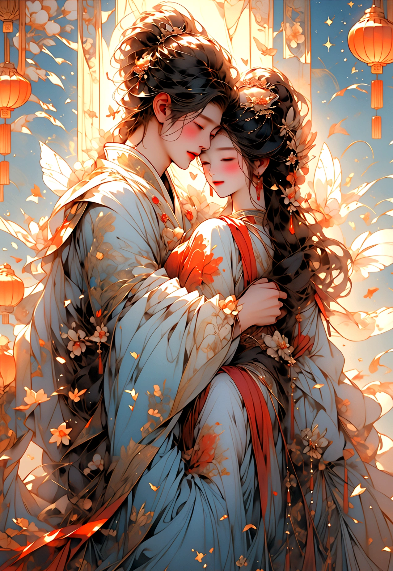 masterpiece, Highest quality: 1.4), Detailed Background,A woman and two men、Beautiful female fairy and male fairy from ancient China embracing each other、Reunion、joy、溢れるjoy、A woman and two men、streamer,Gauze cloth,Floating in the air,Elevation angle of view,The Milky Way is amazing,The full moon is empty,