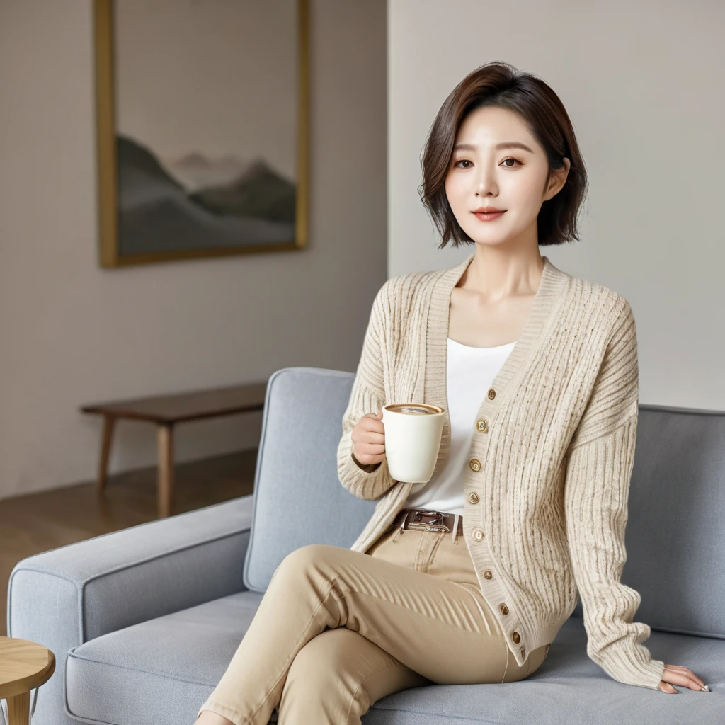 8k best picture quality, Beautiful 36-year-old Korean woman, short medium hair. Chest size 34 inches, Wearing a cardigan and beige jeans. luxury mansion living room, Sitting on the sofa, holding a ceramic coffee cup with both hands, full body shot