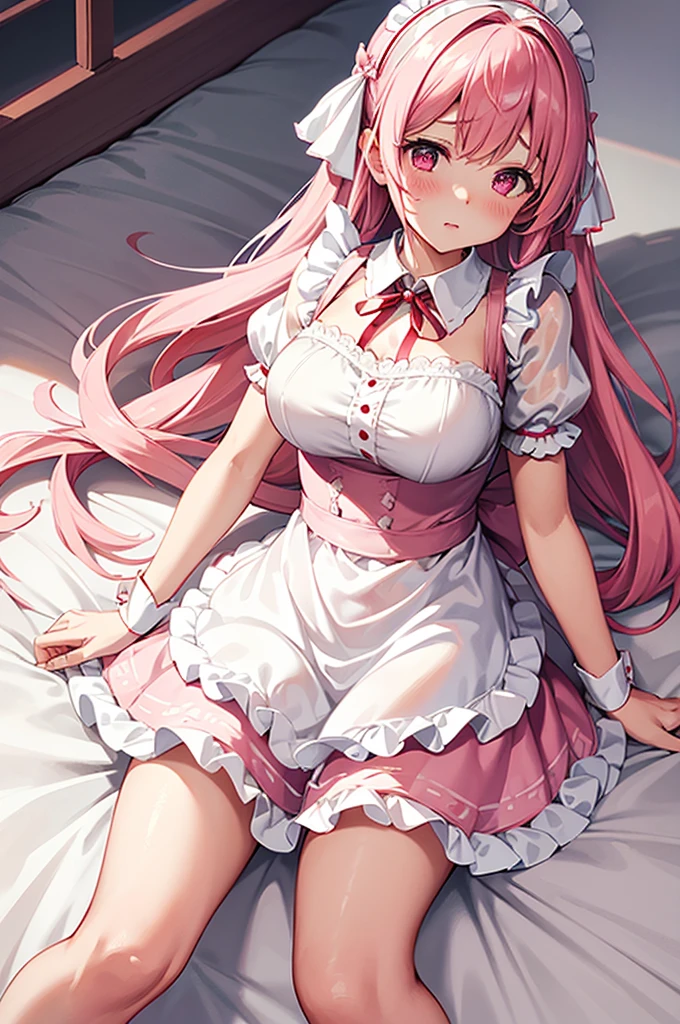 Highest quality、Shiny silk short sleeve puff sleeve pink maid outfit、See-through、Micro Micro Mini Skirt、Giant ribbon knot、Round collar、Big bell、garter belt、Pink high heels with ribbon、Katyusha with ribbon、Flushed Cheeks、Embarrassed look、Big Breasts、White underwear、Tucked up、Low - Angle、Wet clothes