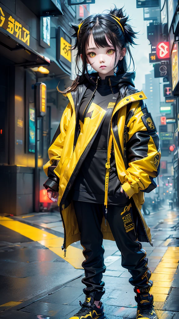 (Highest quality:1.2)。One Woman。Angry expression。(Wearing a yellow jacket cyberpunk)。(yellow eyes) ,。The background is a black。(black shoes) , (full face) , () 