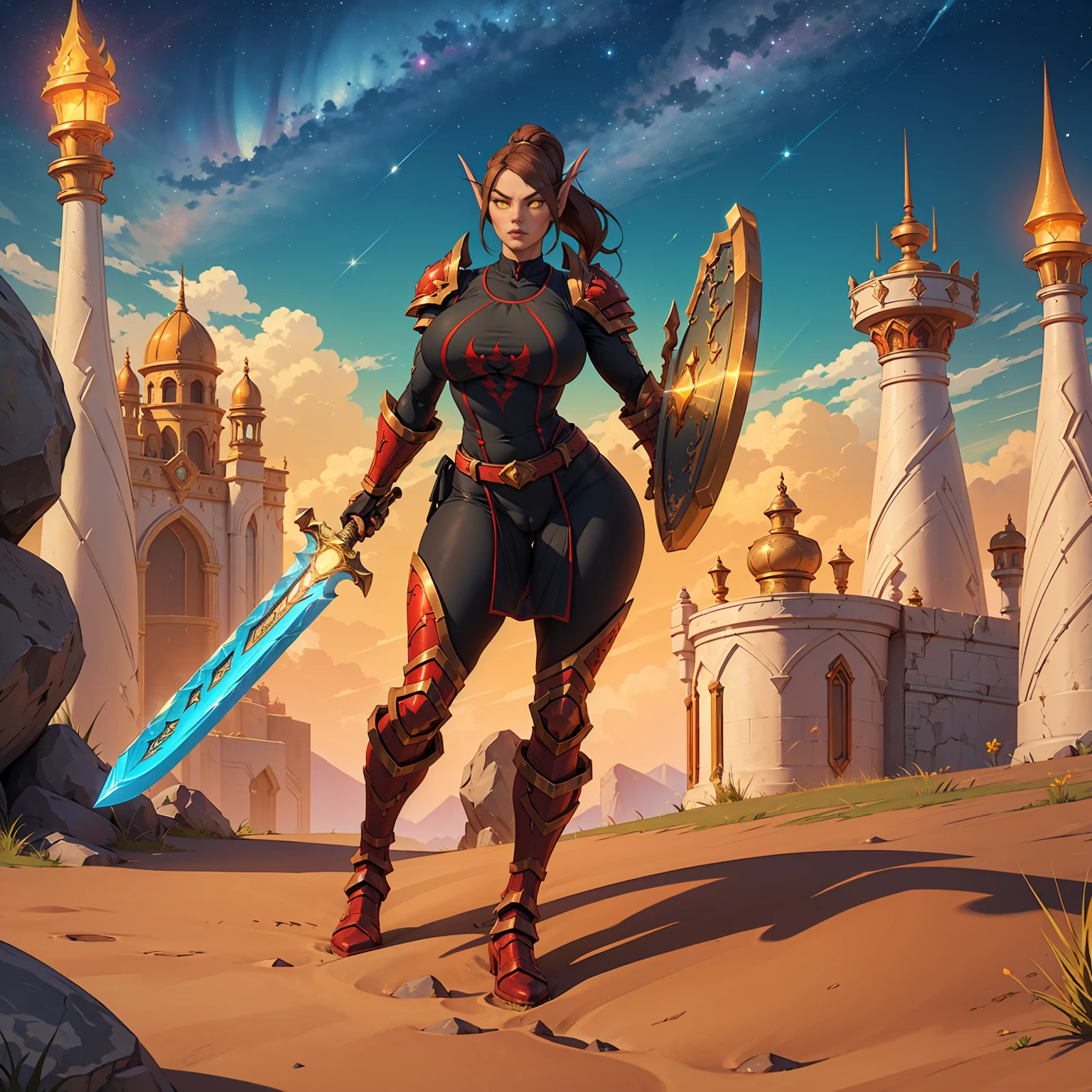 (high quality:1.1), cinematic lighting, extremely detailed, LadyLiadrin, elf, 1girl, solo, full body, running, dynamic pose, fighting stance, battle stance, (holding sword, holding shield:1.2), huge sword, looking at viewer, determined, long pointy ears, light brown hair, ponytail, eyebrows, yellow eyes, (colored sclera:1.1), glowing, jewelry, red armor, gold trim, pauldrons, gauntlets, black tabard, tabard print, pelvic curtain, greaves, armored boots, large breasts, curvy, orange ground, rocks, green sky, starry sky, undead, wasteland,cameltoe view, cameltoe, View from above, Diagonal view