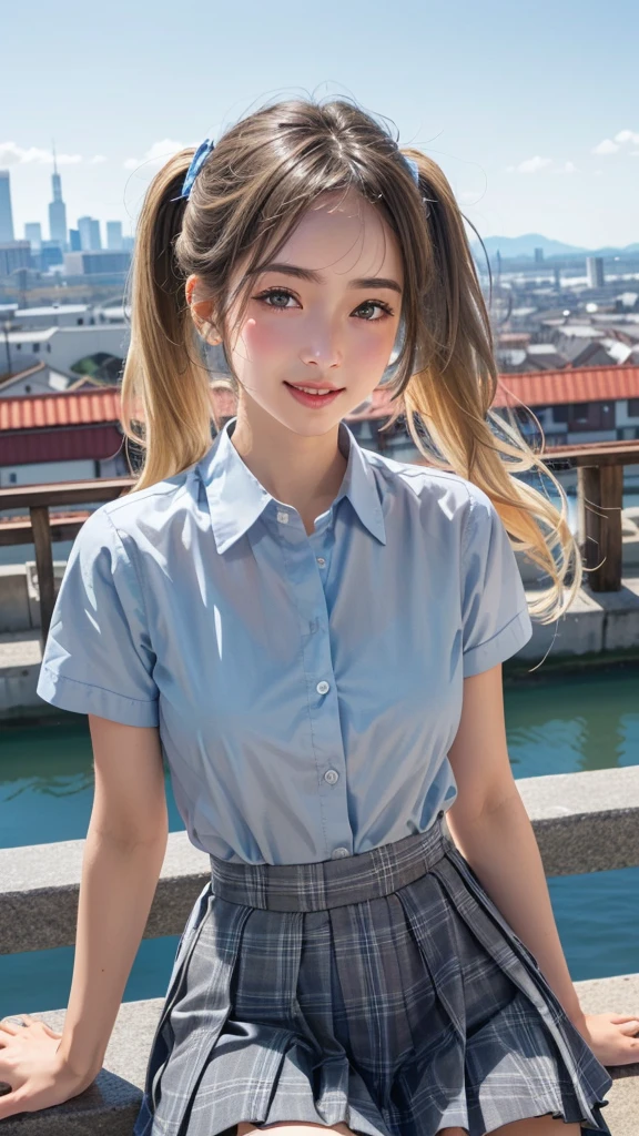 (masterpiece:1.3, highest quality, Ultra-high resolution, Super detailed), (Realistic:1.1, photoRealistic:1.4), Beautiful illustrations, Perfect lighting, colorful, Depth of written boundary, Beautiful detailed hair, Beautifully detailed face, Beautiful fine details, Beautiful clavicle, Beautiful body, Beautiful breasts, Beautiful thighs, Beautiful feet, Beautiful fingers, View your viewers, 1 girl, Japanese, high school girl, Perfect Face, (Perfect Anatomy, Anatomically correct), Cute and symmetrical face, Baby Face, Sunburn, Shiny skin, (Middle Hair:1.5, Twin tails:1.2, Blonde), Asymmetrical bangs, blue eyes, Long Eyelashes, (Medium chest), thin, ((Collared short-sleeved shirt, Light blue shirt, , Grey plaid pleated skirt, Navy them)), No panties, (Beautiful views), evening, (Outdoor, distant cityscape), Are standing, (peace sign), (Cute smile, Cheek blush、Upward glance, Open your mouth), (Opening a girl's pussy:1.3), Occasionally crouches:1.2,Stick your finger in pussy:1.5,((A large amount of pee is sprayed from the vagina)),(((Very small, young face and chest))),