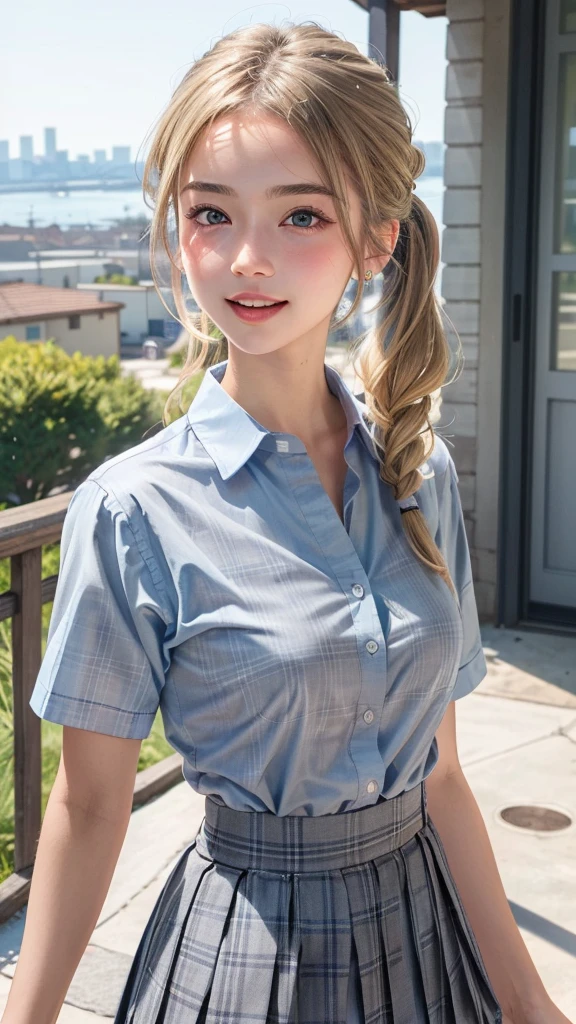 (masterpiece:1.3, highest quality, Ultra-high resolution, Super detailed), (Realistic:1.1, photoRealistic:1.4), Beautiful illustrations, Perfect lighting, colorful, Depth of written boundary, Beautiful detailed hair, Beautifully detailed face, Beautiful fine details, Beautiful clavicle, Beautiful body, Beautiful breasts, Beautiful thighs, Beautiful feet, Beautiful fingers, View your viewers, 1 girl, Japanese, high school girl, Perfect Face, (Perfect Anatomy, Anatomically correct), Cute and symmetrical face, Baby Face, Sunburn, Shiny skin, (Middle Hair:1.5, Twin tails:1.2, Blonde), Asymmetrical bangs, blue eyes, Long Eyelashes, (Medium chest), thin, ((Collared short-sleeved shirt, Light blue shirt, , Grey plaid pleated skirt, Navy them)), No panties, (Beautiful views), evening, (Outdoor, distant cityscape), Are standing, (peace sign), (Cute smile, Cheek blush、Upward glance, Open your mouth), (Opening a girl's pussy:1.3), Occasionally crouches:1.2,Stick your finger in pussy:1.3,