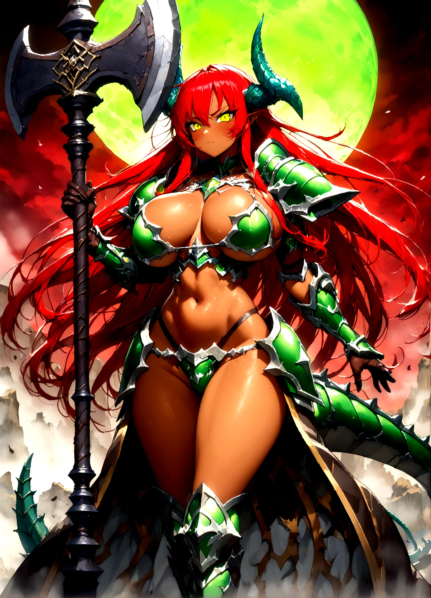 長い髪を持つbeautifulアニメ風のドラゴンガール,((Black Dragon)),(((Red Hair)))Long one curl hair,(((Highest quality)))Transparent Hair,Evil Face,Eyes full of desire,(((Yellow-green eyes))),Greedy Beauty,(((A well-defined, glamorous body)))((Huge bust))Tight waist,(((Bikini Armor)))際どいBikini Armorを着た過激な美女,(Dragonbone Armor),Dragon's Ear,Dragon Horn,Dragon's Tail,((Extreme Armor)),((Armor exposing the chest, navel, and thighs)),((Tan Skin)),beautiful,(((Black Dragonに跨る姿))),((Holding a large axe in his right hand)),(((detailed)))Full Body Shot,(((background)))fog,Red Moon,dead tree,Barren Land。