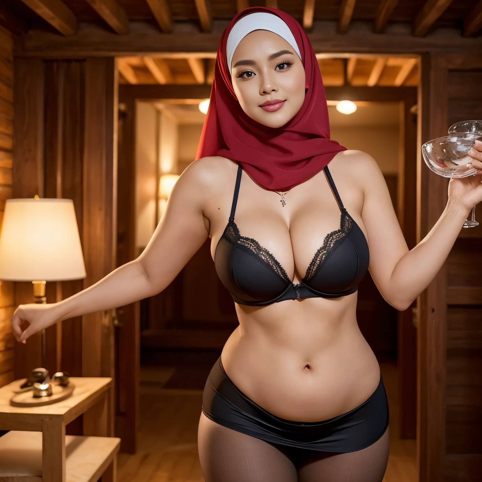 36-year-old Indonesian MILF beauty, clad in Hijab, flaunts a curvy figure with fake implant breasts that measure an ultra-gigantic 98.6 inches. Her voluptuous body is on full display as she dons a sport bra, a tight extra mini skirt, and pantyhose. Her gown reveals her lewd, wet body. Standing boldly, she adorns a diamond Ruby necklace that adds to her allure. Her enormous, wide areolae are a sight to behold as she takes a nighttime walk around a private cottage. The soft light enhances her beautiful, lustrous eyes, and her Lustful smile exudes faintly