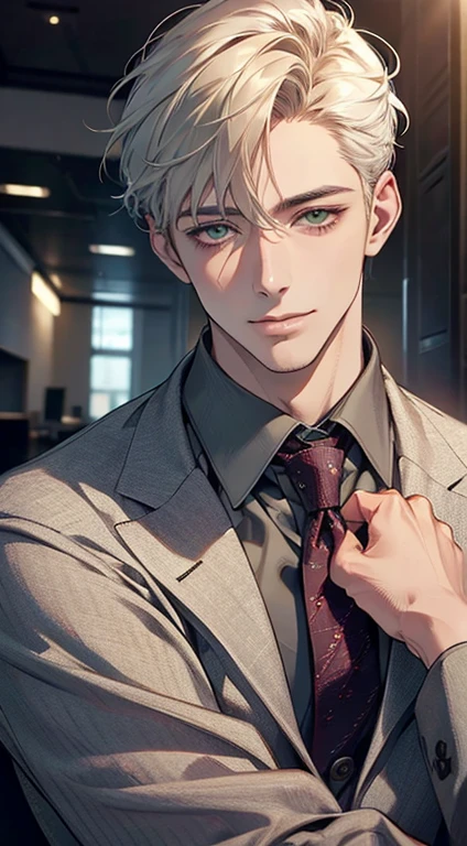 (Highest quality,4K,8K,High resolution,masterpiece:1.2),Super detailed,(Realistic,photoRealistic,photo-Realistic:1.37),1 person,34 years old,Mature Men,Beautiful skin、very handsome,Expressionless smile in love,Short white hair,green eyes,Sharp Eyes,A perfect face without a doubt,Businessman, CEO, Office Background,Cinema Lighting,HDR image,tie、
