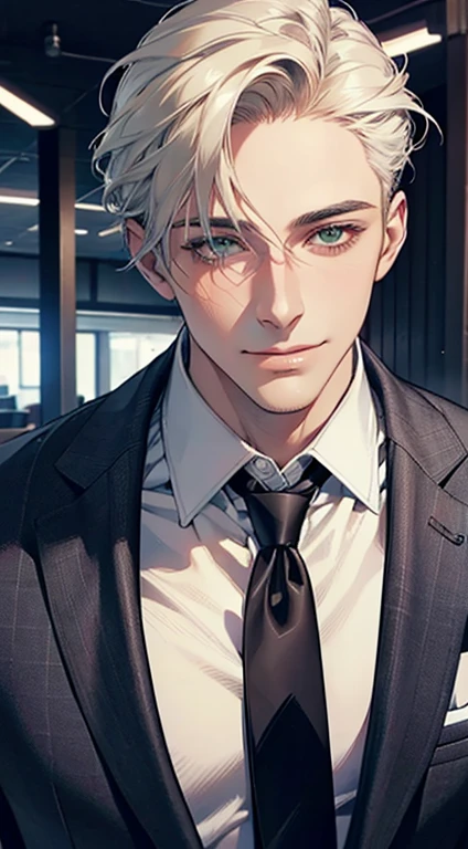 (Highest quality,4K,8K,High resolution,masterpiece:1.2),Super detailed,(Realistic,photoRealistic,photo-Realistic:1.37),1 person,34 years old,Mature Men,Beautiful skin、very handsome,Expressionless smile in love,Short white hair,green eyes,Sharp Eyes,A perfect face without a doubt,Businessman, CEO, Office Background,Cinema Lighting,HDR image,tie、