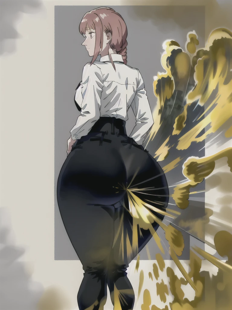 masterpiece, best quality, ultra-detailed, Potrait of beautiful MakimaCSM, solo, shirt, long_sleeves, white_shirt, collared_shirt, pants, from_behind, arms_behind_back, black_pants, formal, suit, arm_behind_back, shirt_tucked_in, facing_away, office_lady, business_suit, high-waist_pants, volumetric lighting, best quality, masterpiece, intricate details, tonemapping, sharp focus, hyper detailed, hands on booty, hands on ass, grabbing her booty, holding her booty