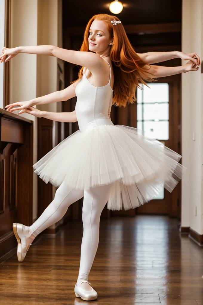 Kennedy Walsh beautiful natural ginger woman, 26 years, straight slick long ginger shiny hair, fair-skinned,wears a white tutu with white leggings and ballerina shoes white is dancing in a theater