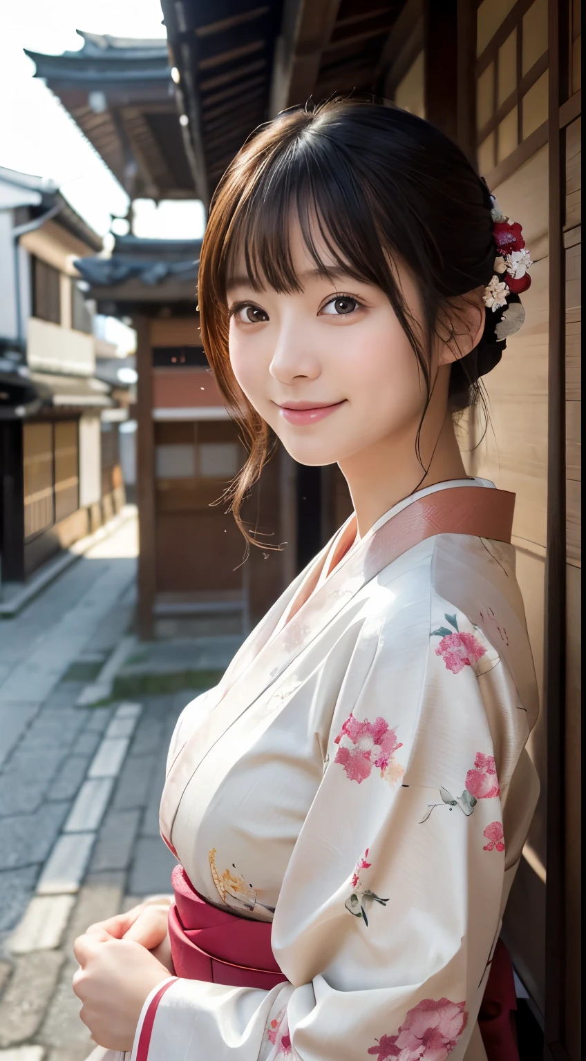 Professional Lighting,(Realistic:1.4), (Top image quality:1.0), (超High resolution:1.0), 8K, Raw photography, (masterpiece:0.2), (Dealing with the Children_v1:0.5)、(最高quality Detail:1.2)、Realistic、8K Ultra HD、High resolution、(1 Girl:1.2)、超detailedな、High quality textures、複雑なdetailed、detailed、Very detailed CG、High quality shadows、detailed 美しく繊細な顔、Beautiful details and a delicate eye、(Symmetrical eyes:1.2),Written boundary depth、Ray Tracing,1 Girl, Japanese Girls, (Natural smile:1.4),cute, thin, Portrait of a beautiful Japanese woman in a kimono, Standing elegantly on a street corner in Kyoto. Kimono with vibrant traditional patterns, Hair decorated with elegant and delicate hairpins, Gentle expression. (With the old streets of Kyoto in the background:1.4)、The soft light of a spring afternoon、Adding tranquility to the scene. Rendered in a Realistic style with great attention to detail, High resolutionの画像.Sky Porn, Magic Hour, (Realistic:1.3), finely, quality, (Tabletop:1.2), (Realistic:1.2), (最高quality), (複雑なdetailed), dramatic, Ray Tracing, photograph, +roller