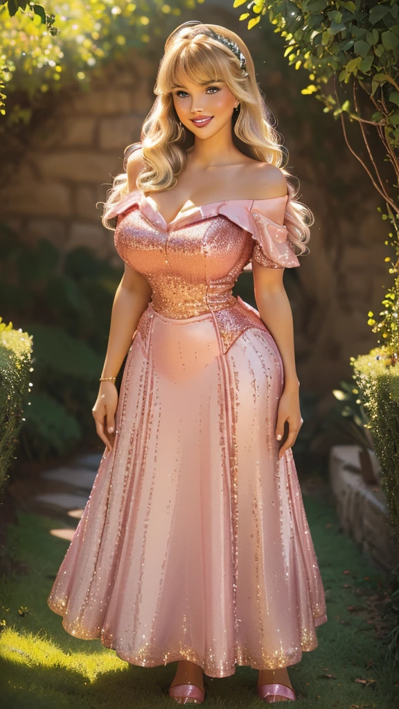 DisneyAurora, 27 years old, full body view Beautiful woman (((shoulder length wavy carmel blonde hair, two side up with bangs))) defined body, voluptuous, sexy, cherry red lipstick, arms by her sides, hands free, happily smiling, standing facing camera ((( short sleeve sparkling sequined pink dress, long skirt ))), in moonlit grassy field, (large_breasts:1.1) (curvy:1.0)