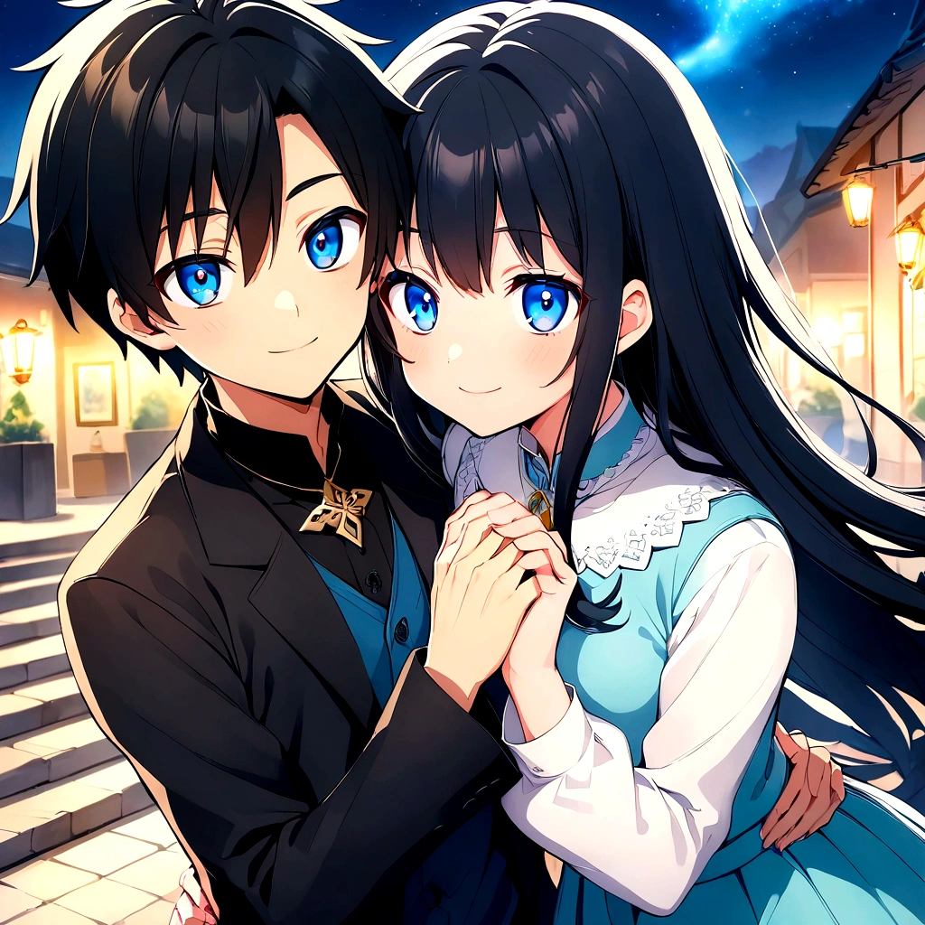 anime couple (Anime girl with long black hair and blue eyes Mystical version )y Anime boy with short black hair and blue eyes Mystical version
