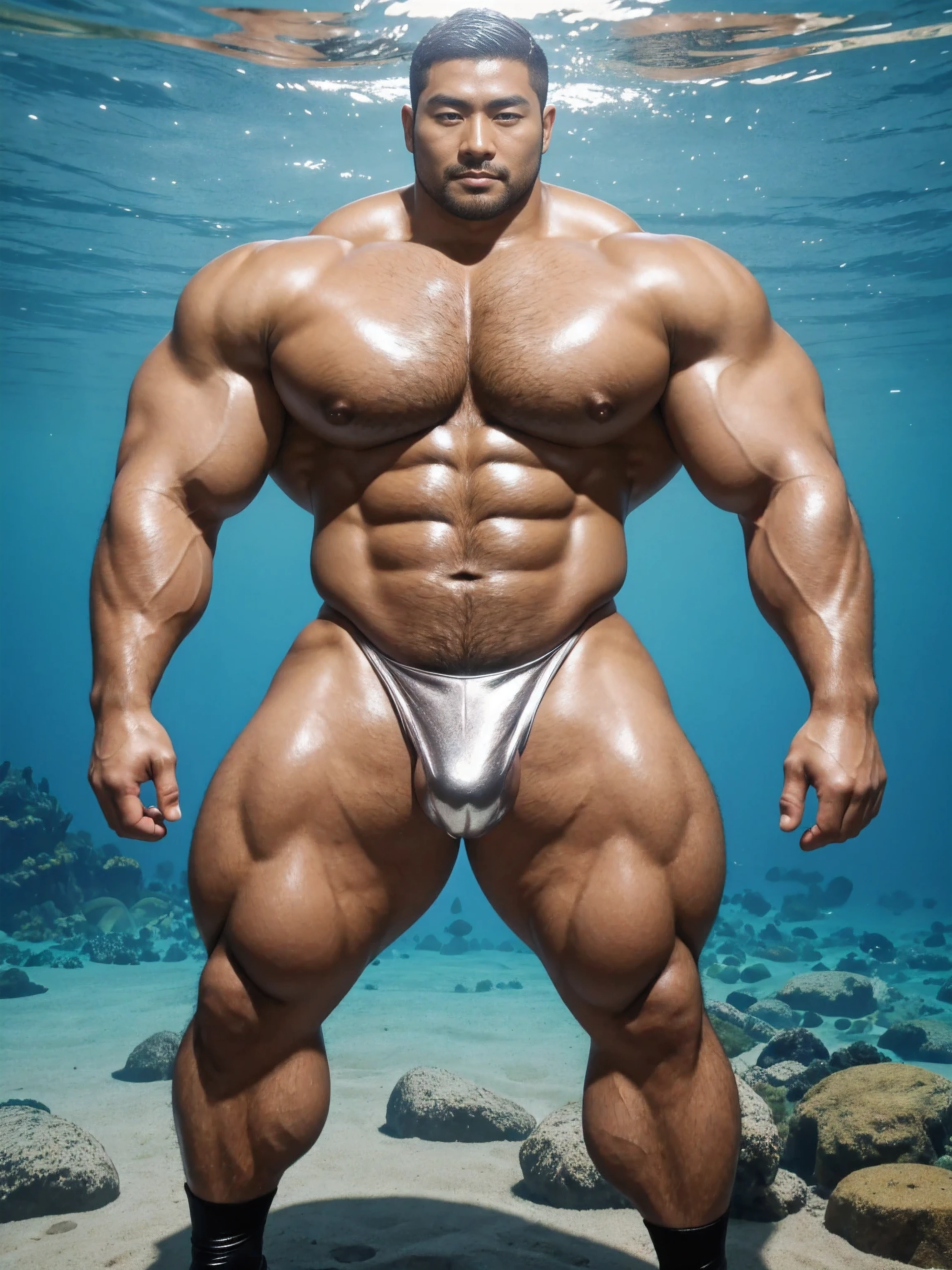 There is only one handsome Asian actor in the photo,35 years old,High target, Fitness,short hair, O-Shaped Beard,Perfect body, Dark skin color,Radiant Skin,Smooth skin,Shiny, shiny skin,Smooth pectoral muscles,No chest hair,No body hair,Muscle bulge, muscular, Very large pectoral muscles,Very sexy abdominal muscles,Very well-developed leg muscles,Huge concave and convex area,Brightens oily skin,Wearing a shiny silver leather thong,Handsome face,Wearing silver-gold leather socks,Correct and accurate male body proportions, standing under the sea。