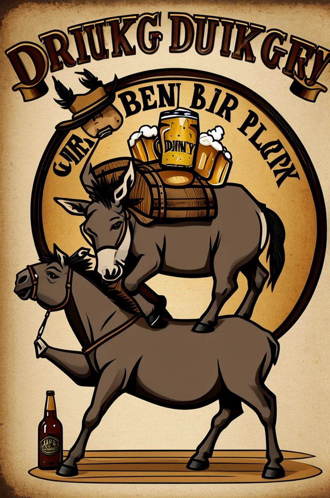 Logo that includes drunk donkey, beer and a barrel