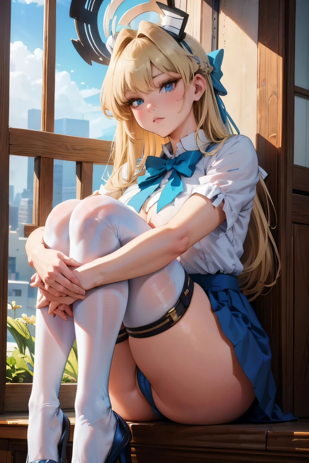 (gratte-ciel), (finely detailed eyes and detailed face:1.3), (extremely fine and beautiful:1.1), (Perfect details:1.1), ((gros seins)), ((jambes grasses)), Blue Archive, Asuma Toki, blonde hair, long hair, blunt bangs, blue eyes, halo, blue leotard, blue bunny ears, white thighhighs, blue bowtie, blue hair ribbon, white shining pantyhose, skirt, shirt, (hugging own legs)